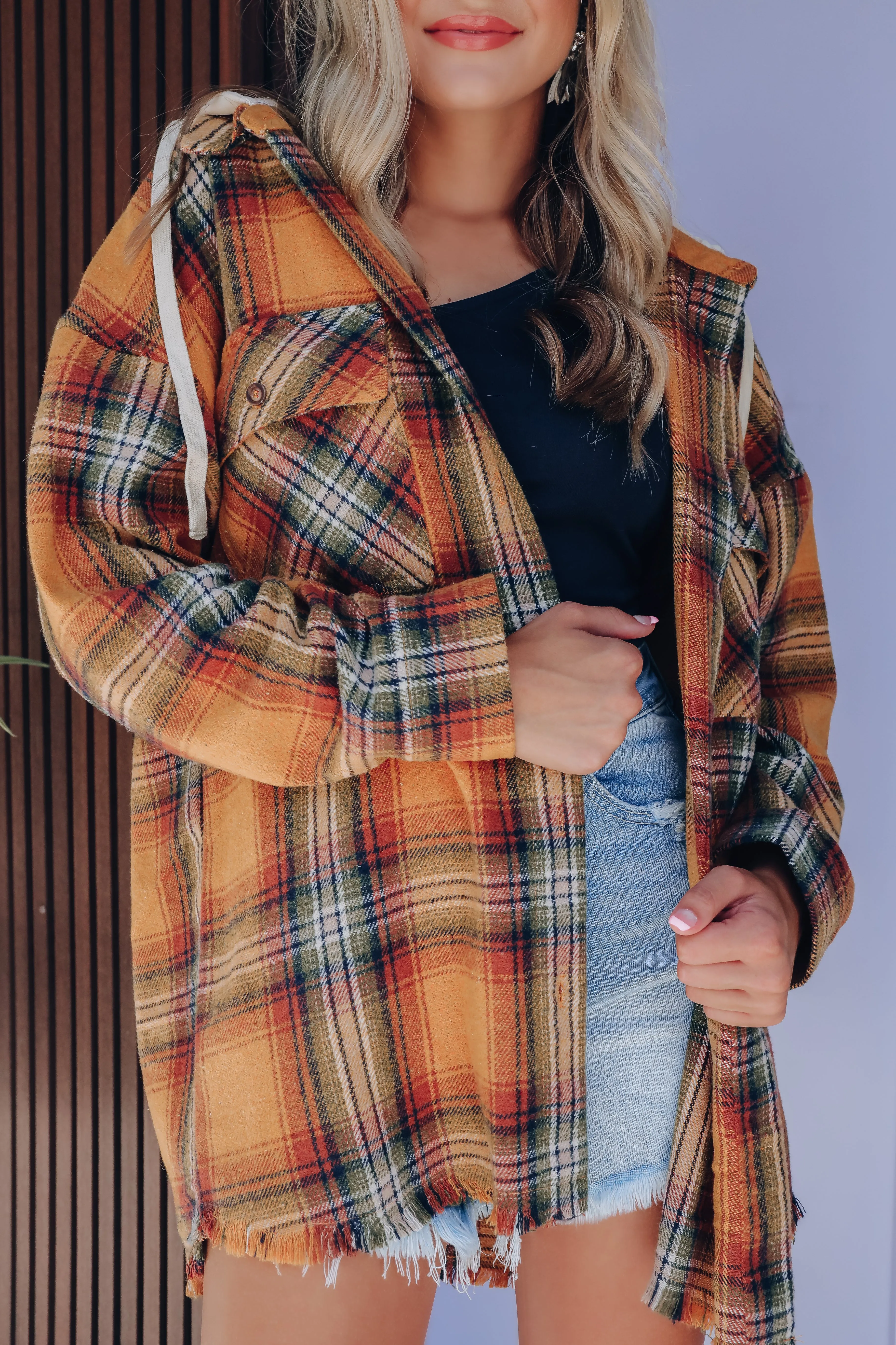 In The Rockies Plaid Hooded Shacket - Golden Yellow