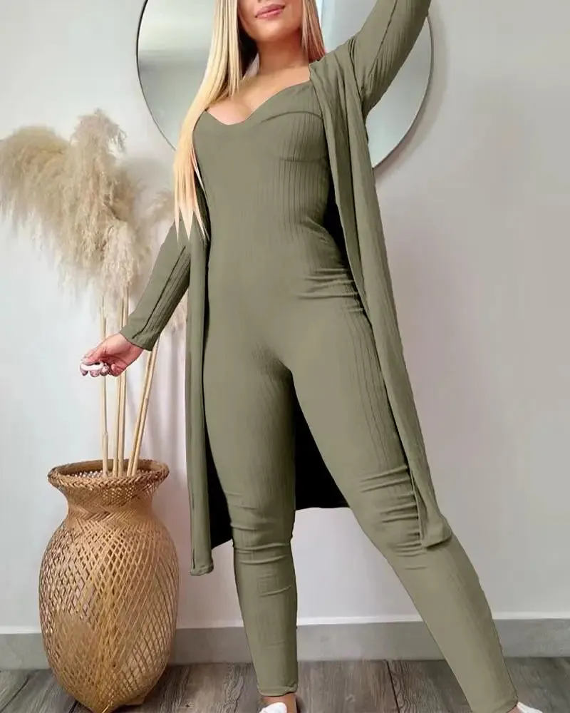 Joskaa Elegant 2-Piece Sets for Women Matching Sets Solid Color Pit Stripe V-Neck Camisole Jumpsuit Sweatpants Set Cardigan Pants Set