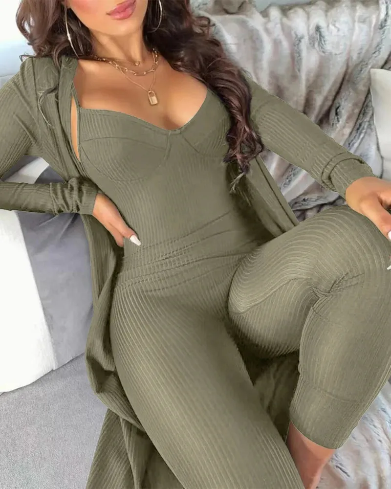 Joskaa Elegant 2-Piece Sets for Women Matching Sets Solid Color Pit Stripe V-Neck Camisole Jumpsuit Sweatpants Set Cardigan Pants Set