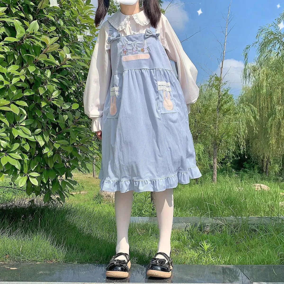 Kawaii Lolita Dress For Girls Soft Japanese Sweets Blue Lolita Outfit Cute Slip Dress Summer Rabbit Embroidery JSK