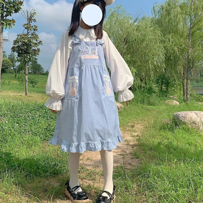 Kawaii Lolita Dress For Girls Soft Japanese Sweets Blue Lolita Outfit Cute Slip Dress Summer Rabbit Embroidery JSK