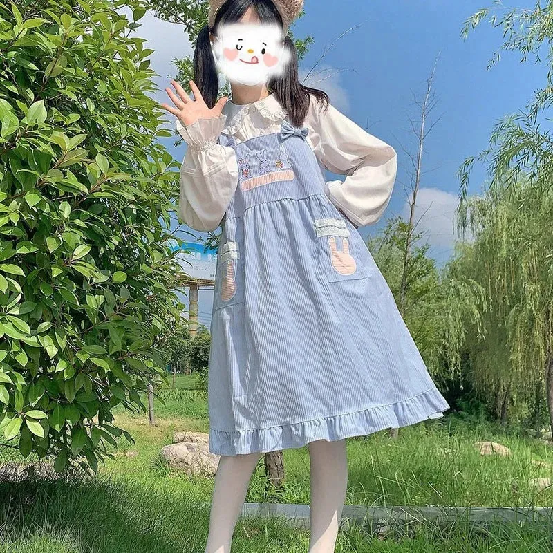 Kawaii Lolita Dress For Girls Soft Japanese Sweets Blue Lolita Outfit Cute Slip Dress Summer Rabbit Embroidery JSK