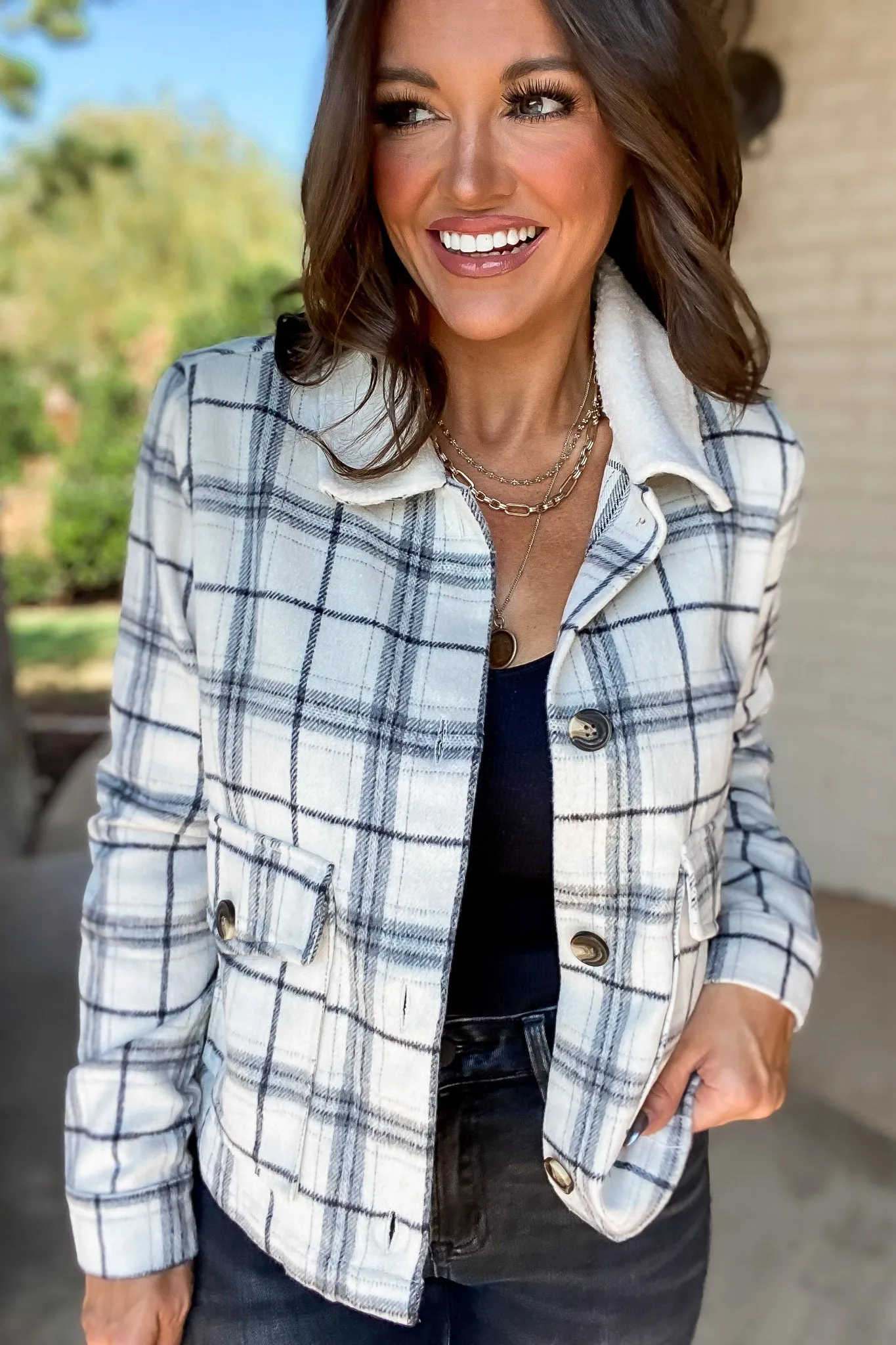 Keep It Comfy Navy And Ivory Sherpa Collar Plaid Shacket