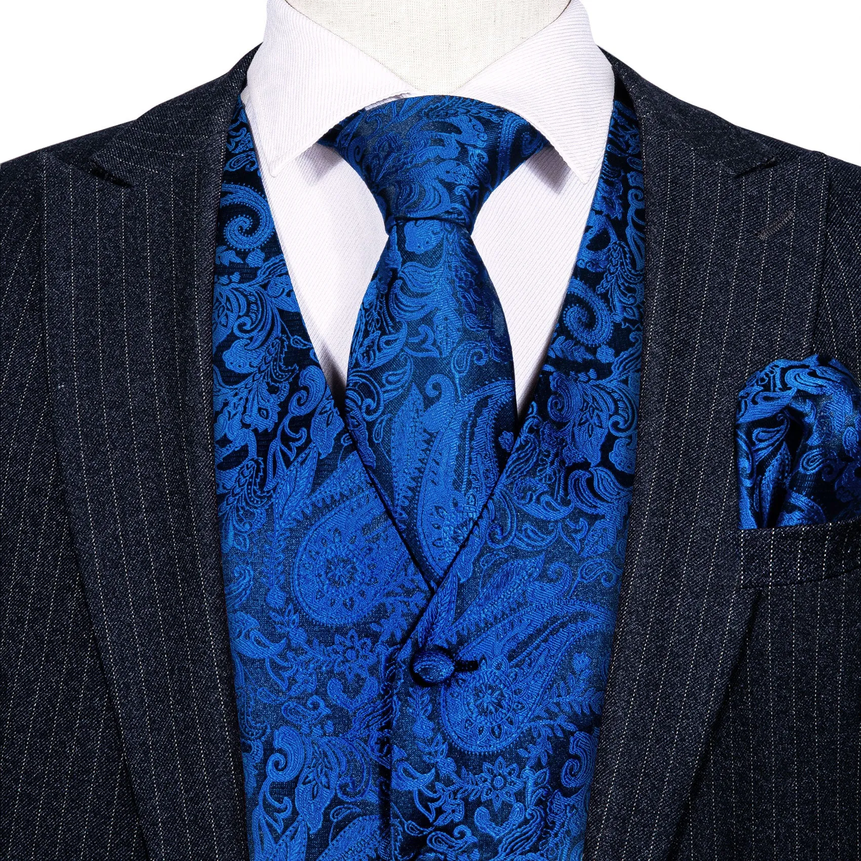 Klein Blue Paisley Jacquard Silk Men's Vest Hanky Cufflinks Tie Set