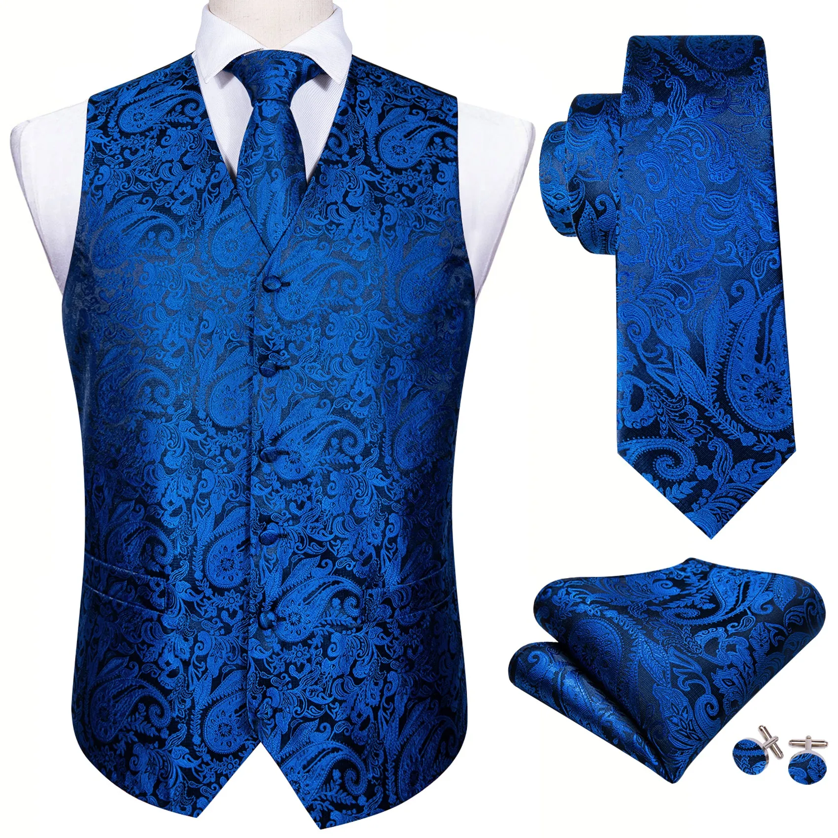 Klein Blue Paisley Jacquard Silk Men's Vest Hanky Cufflinks Tie Set