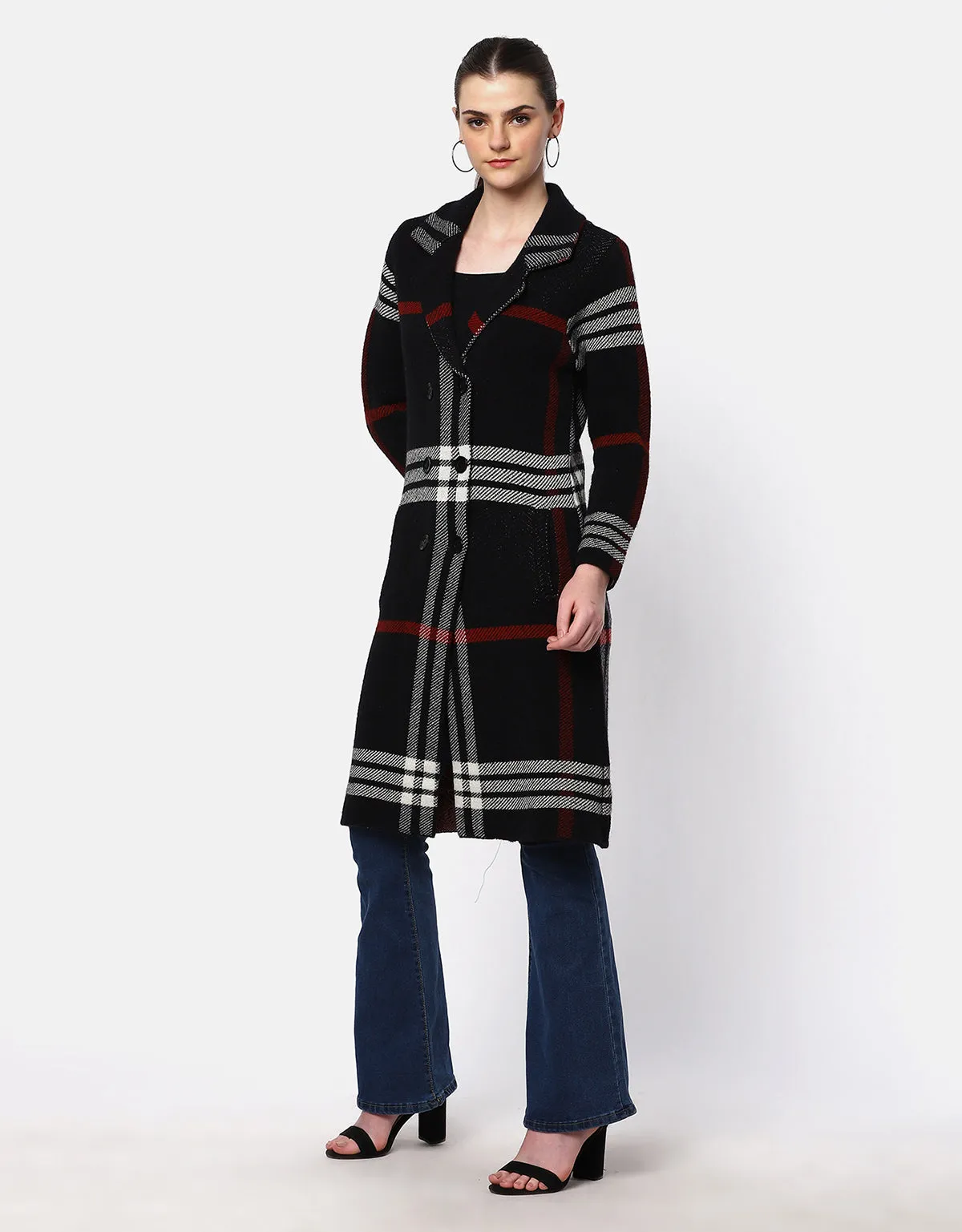 Knitted Double Breasted with Collar Neck Long Coat