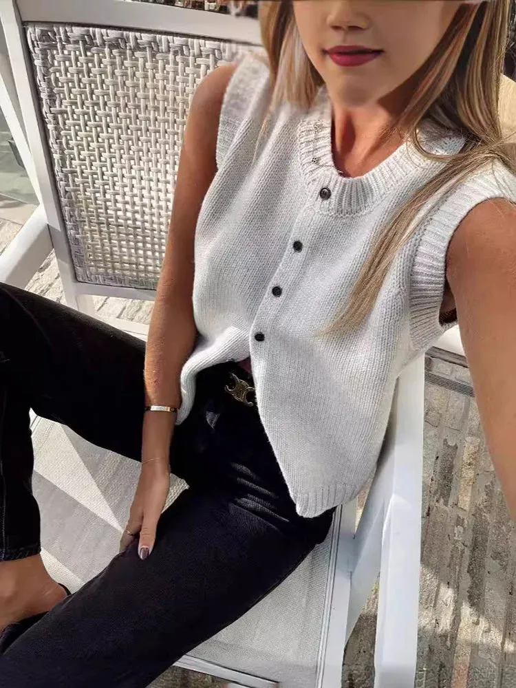 Knitted Vests Top For Women Casual Single-Breasted Knitwear Cardigan Tank Sweater Female Solid Sleeveless Fashion