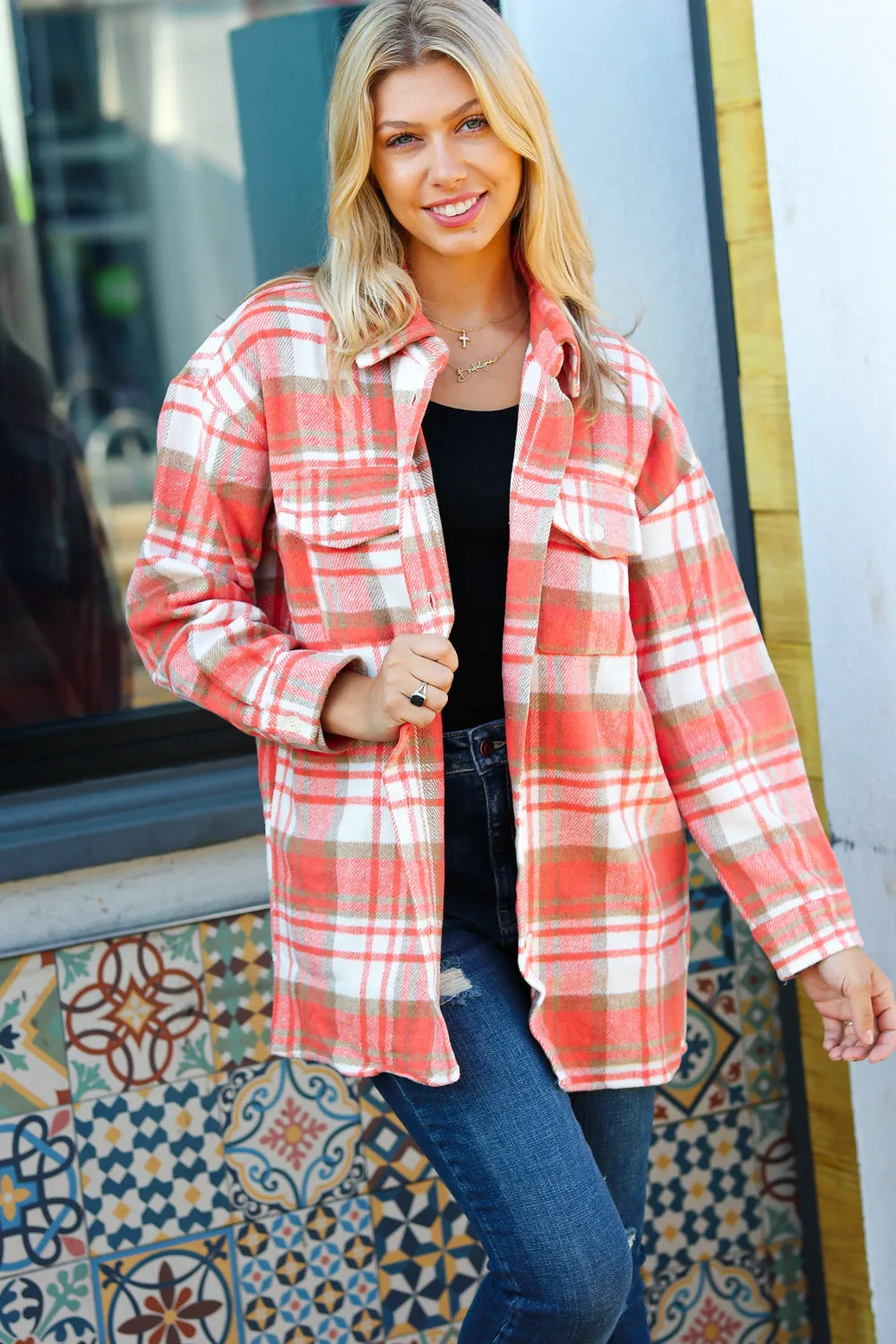 Layer Up Orange Plaid Flannel Button Down Shacket