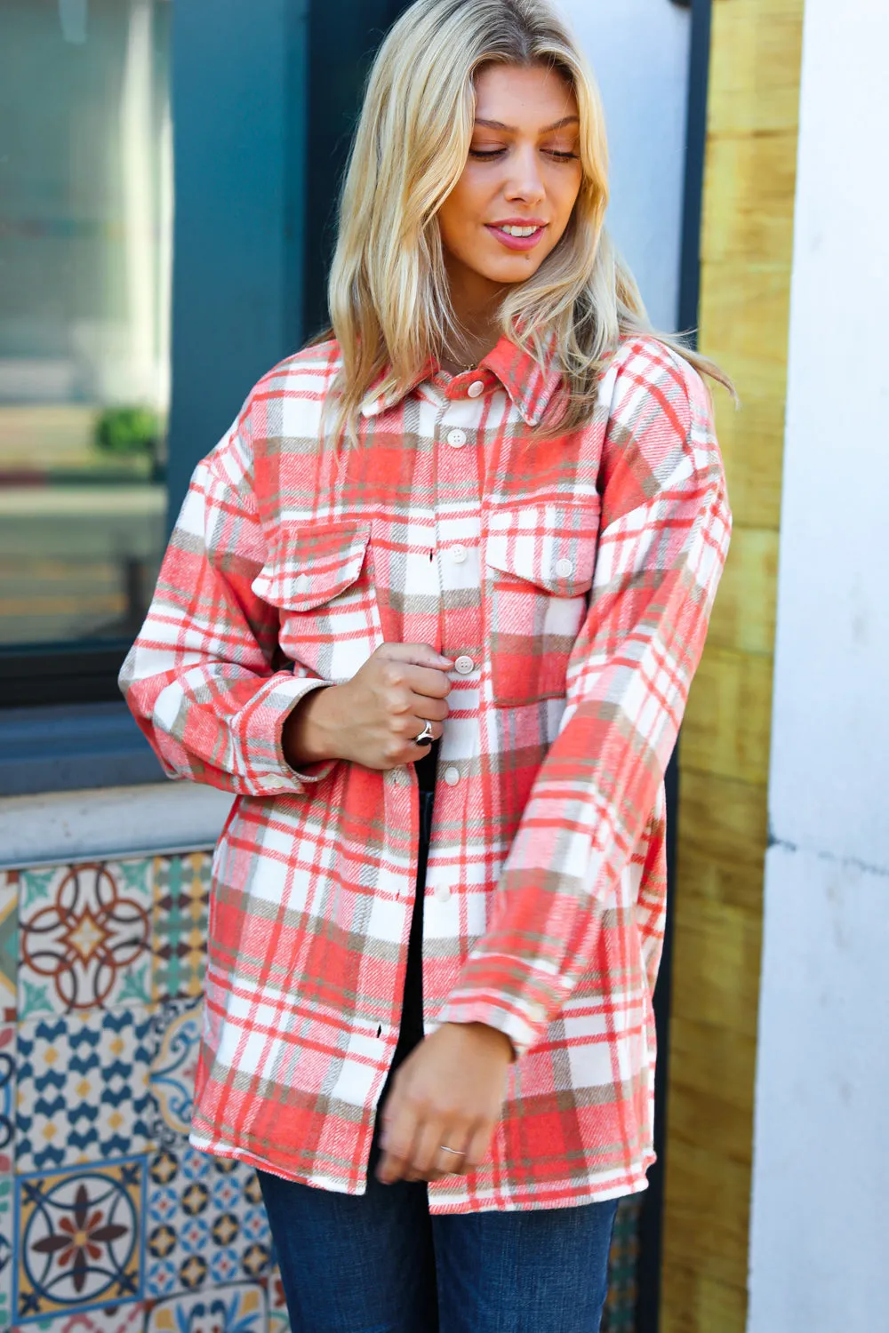 Layer Up Orange Plaid Flannel Button Down Shacket