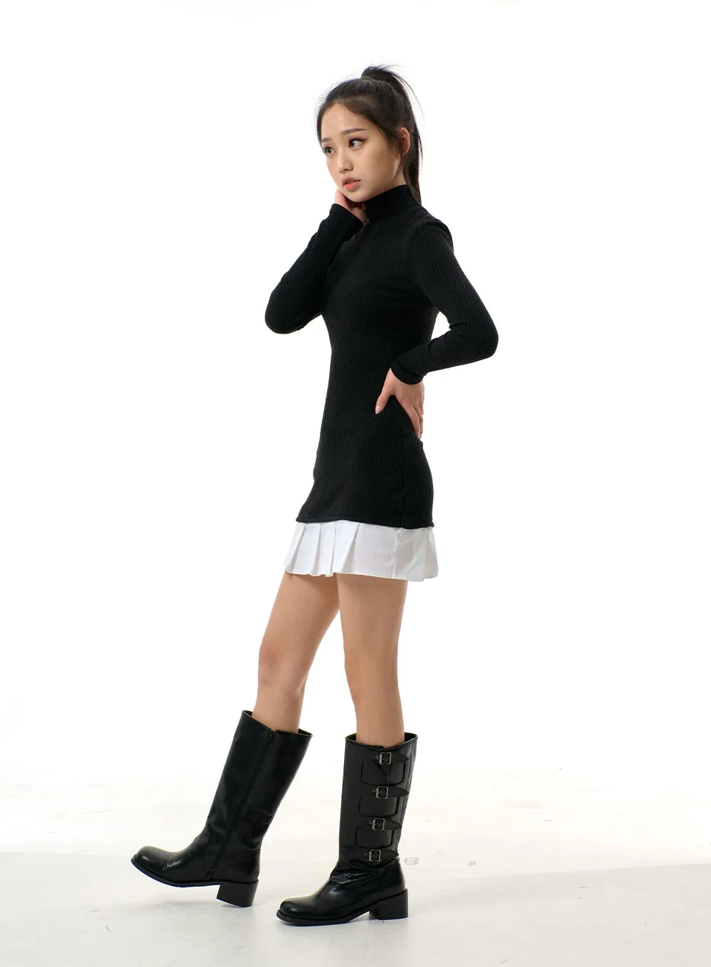 Layered Pleated Turtleneck Knit Mini Dress BJ312