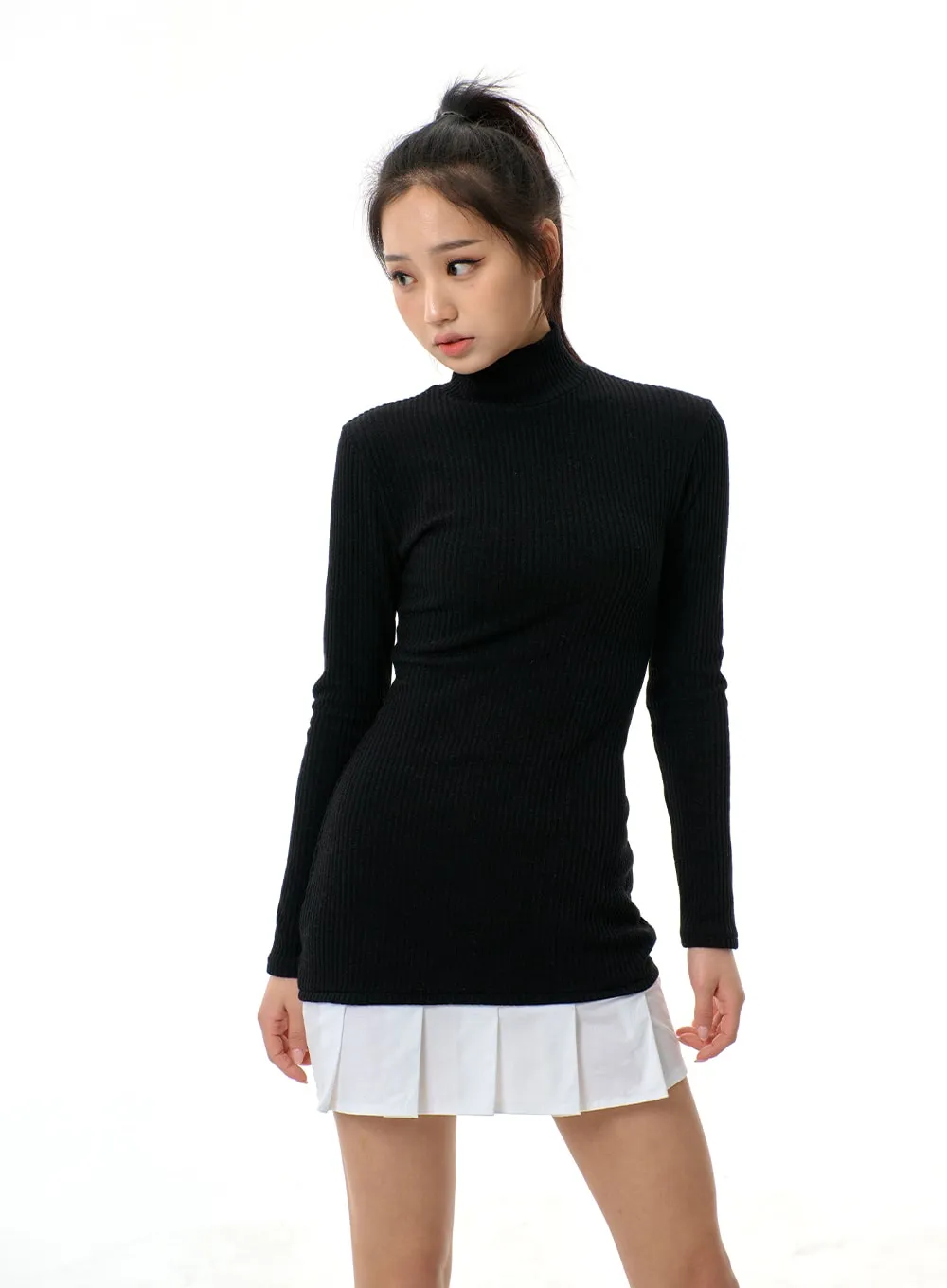 Layered Pleated Turtleneck Knit Mini Dress BJ312