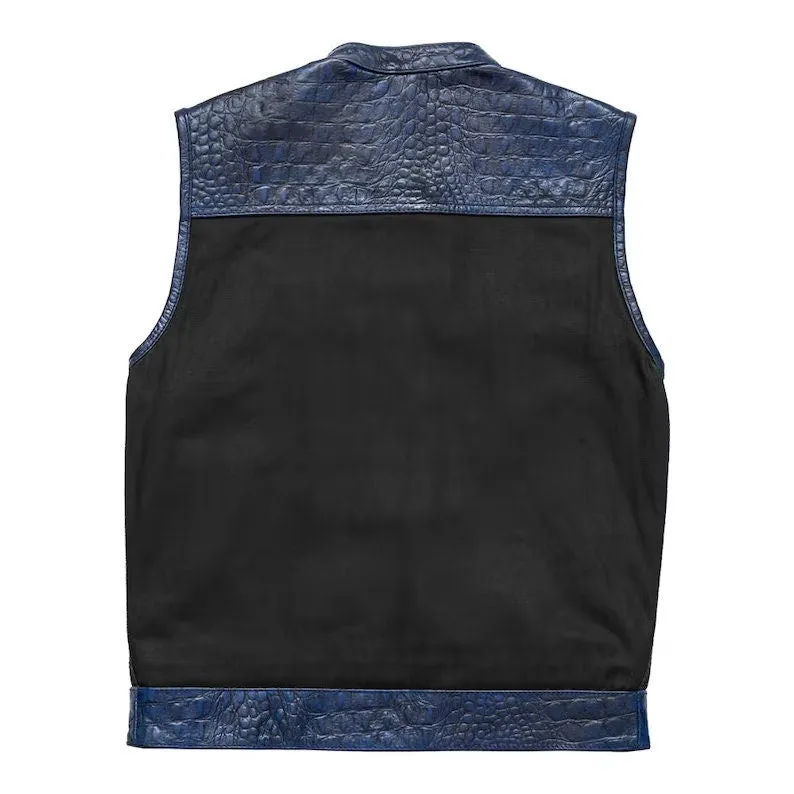 Leather Vest ,Crocodile Plated Leather blue Wax Motorcycle Mens Vest Denim Vest Black Vest