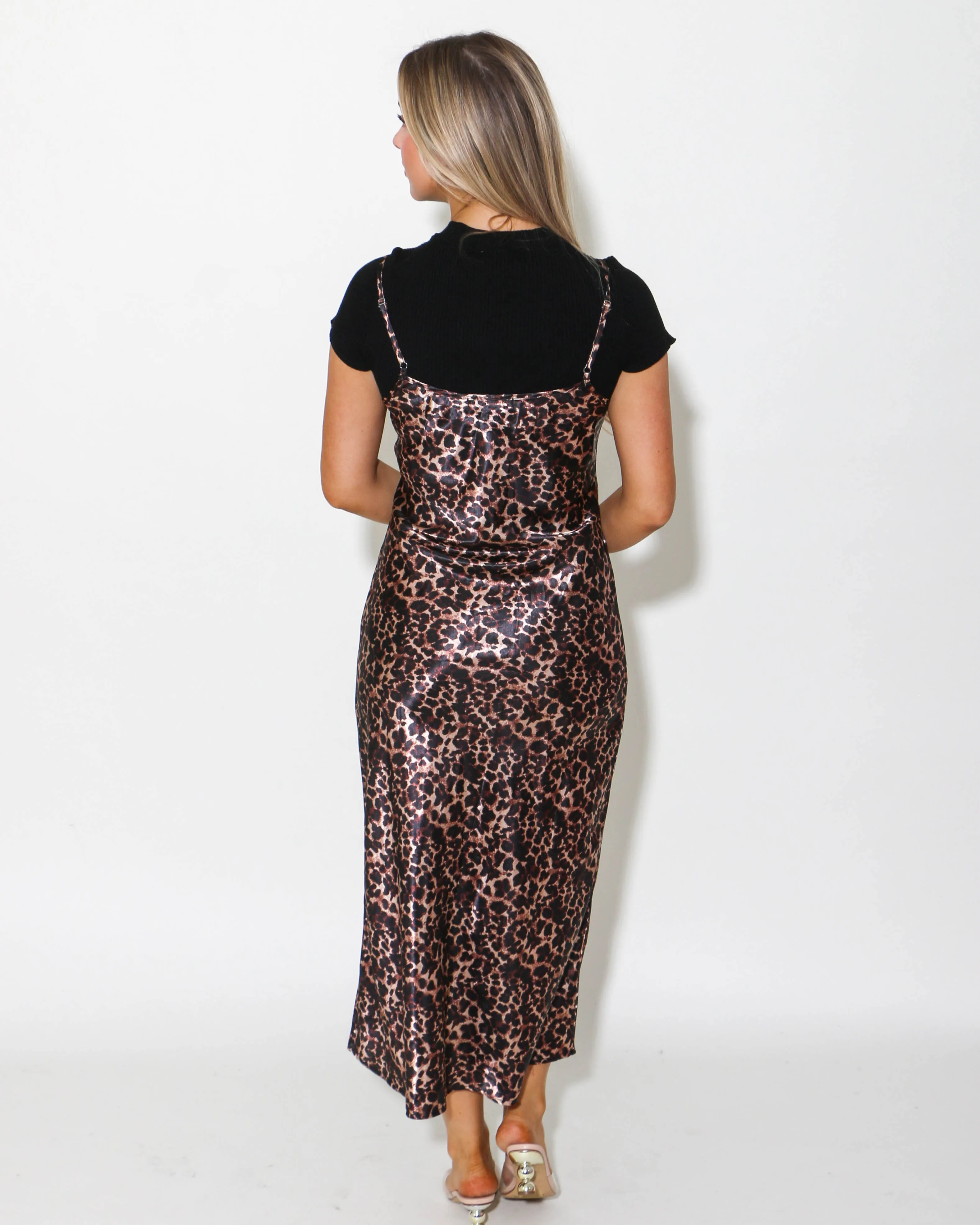 Leopard Satin Slip Dress with Knit Crop Top Set