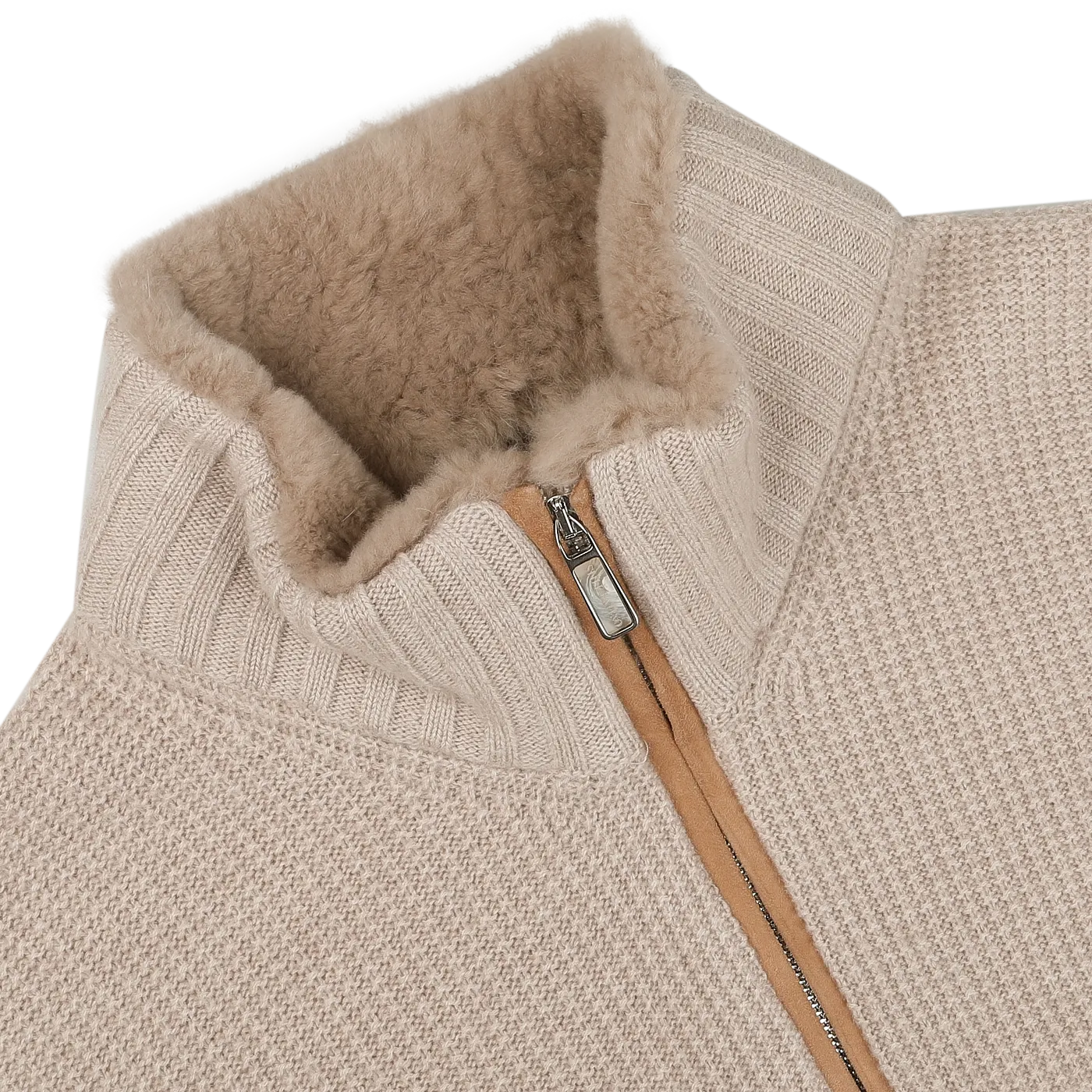 Light Beige Cashmere Fur Collar Cardigan