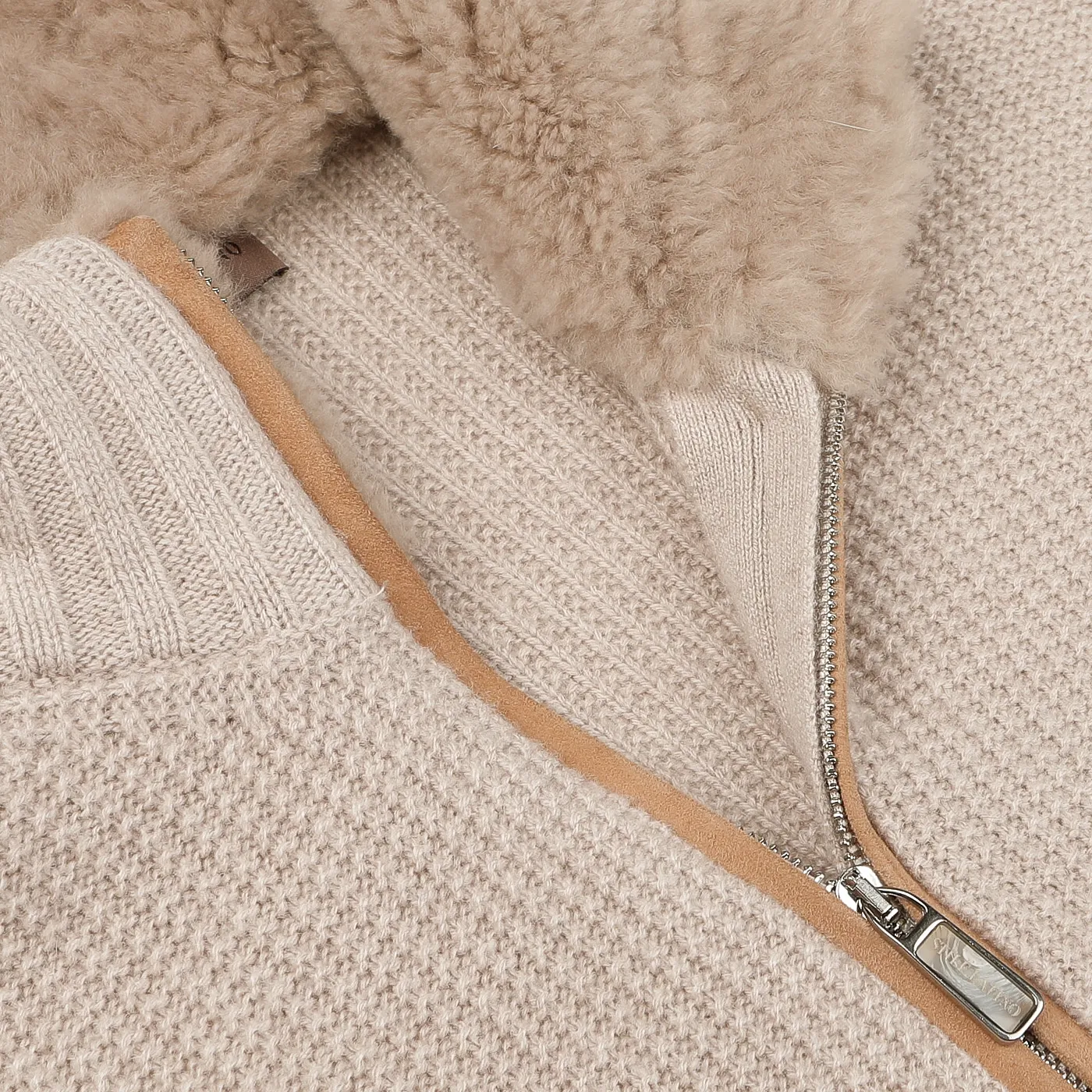 Light Beige Cashmere Fur Collar Cardigan