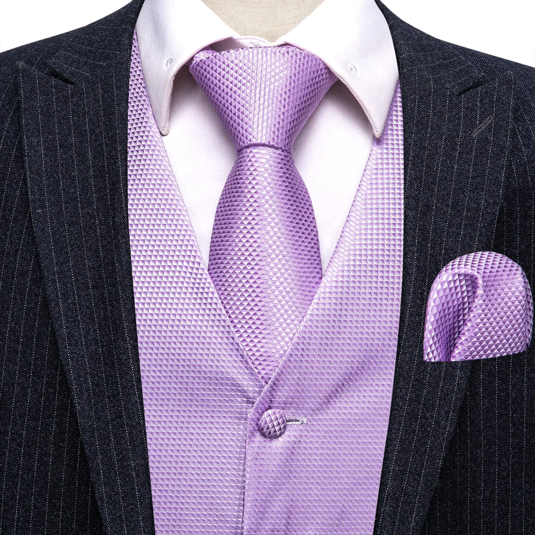 Light Purple Plaid Jacquard Silk Men's Vest Hanky Cufflinks Tie Set