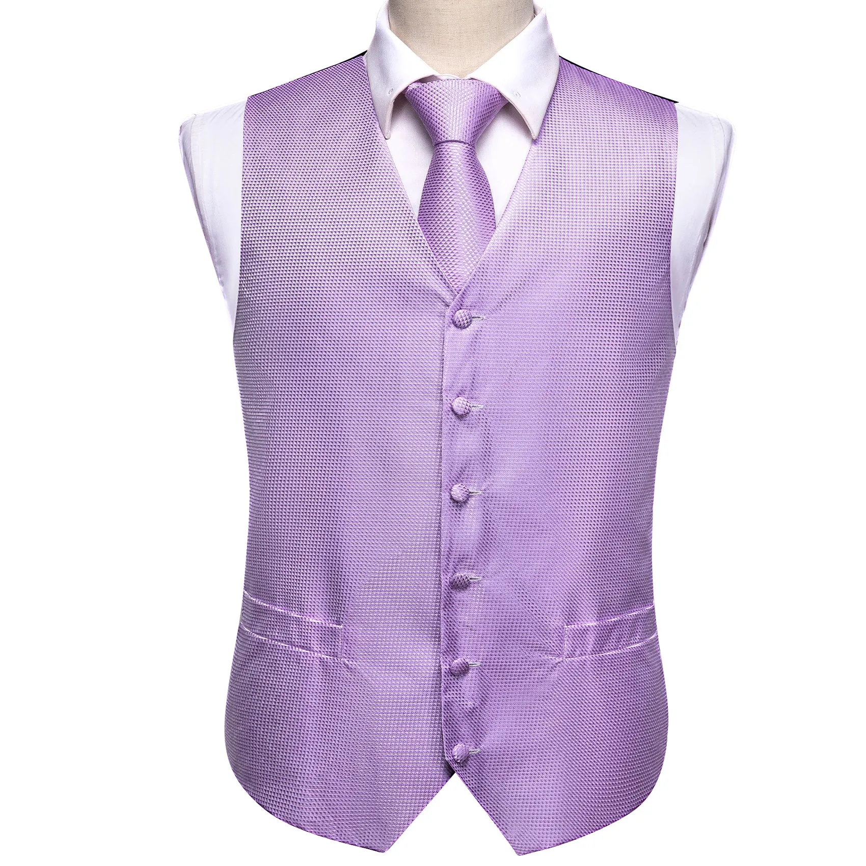 Light Purple Plaid Jacquard Silk Men's Vest Hanky Cufflinks Tie Set