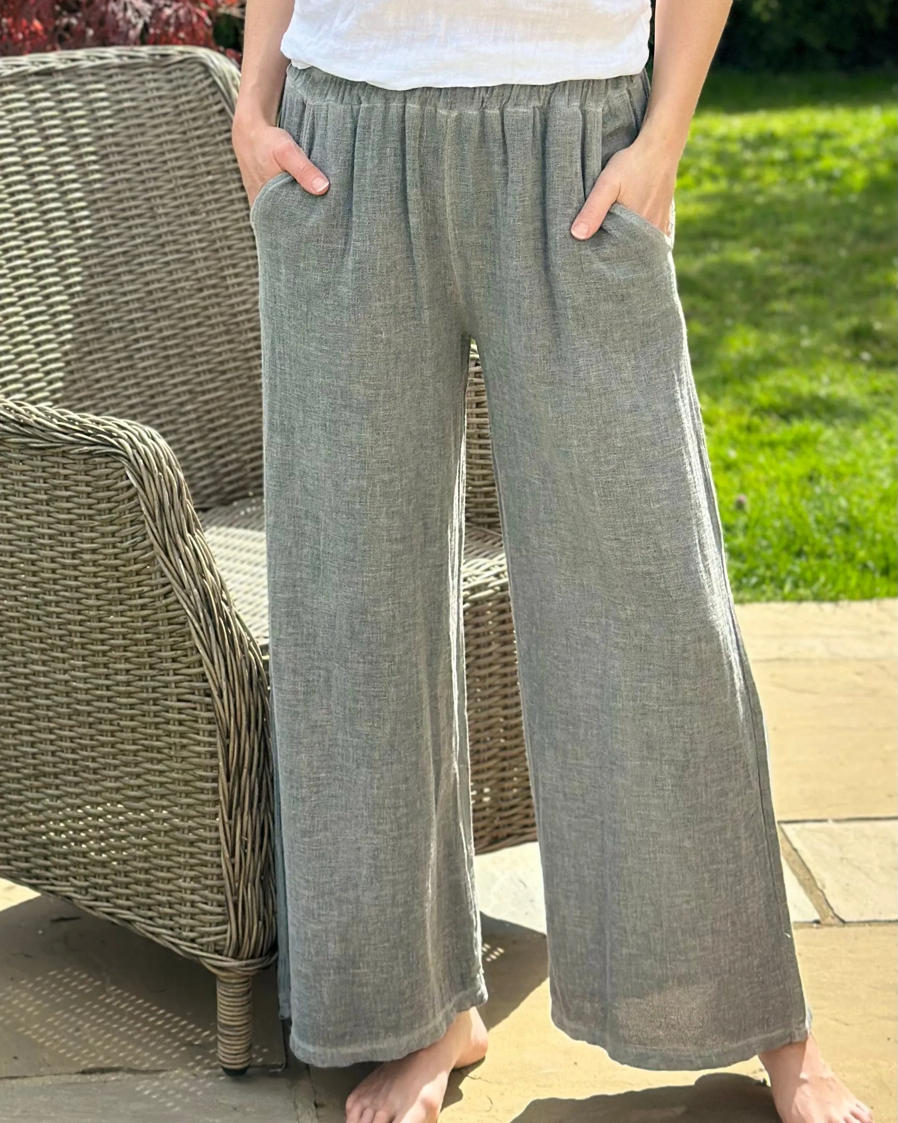 Linen Mix Wide Leg Trousers - Charcoal