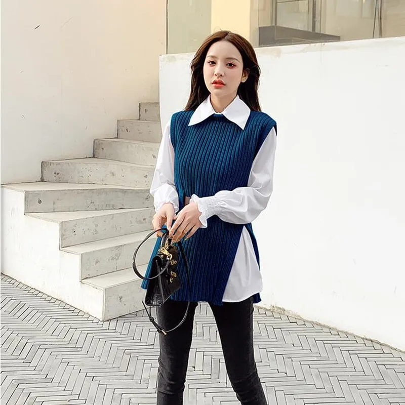 Long lantern sleeve shirt women knitted vest two piece set womens Shirts sets Sleeveless Sweater tops