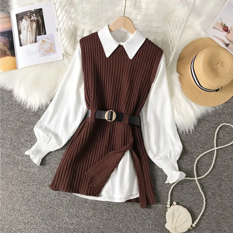 Long lantern sleeve shirt women knitted vest two piece set womens Shirts sets Sleeveless Sweater tops