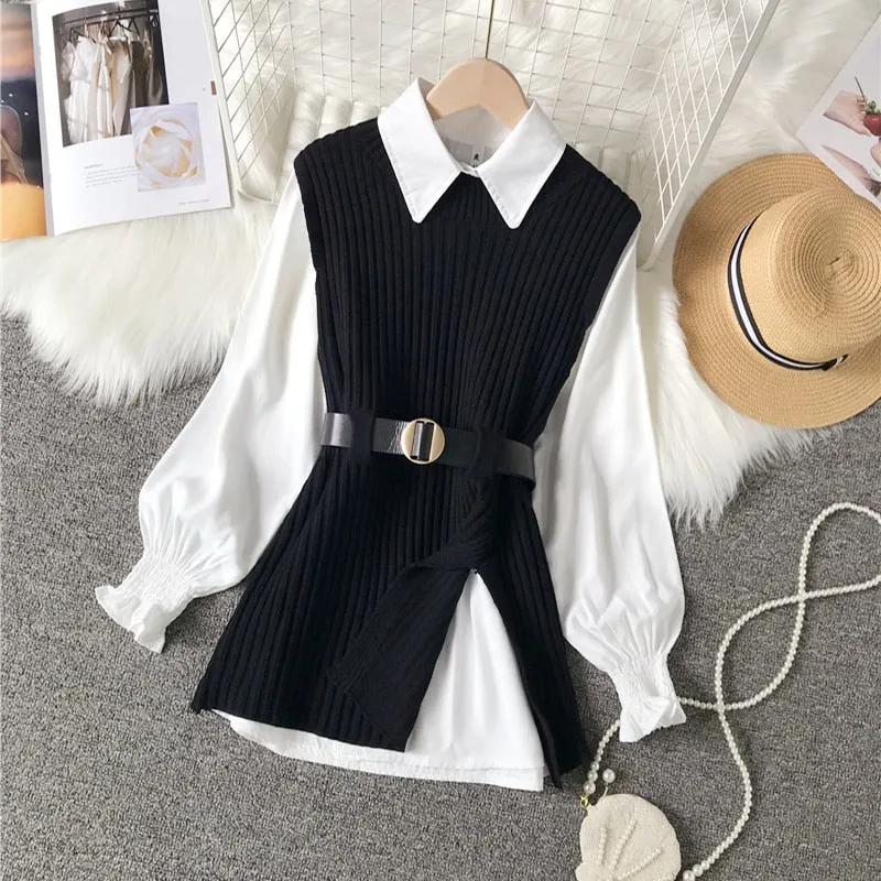 Long lantern sleeve shirt women knitted vest two piece set womens Shirts sets Sleeveless Sweater tops