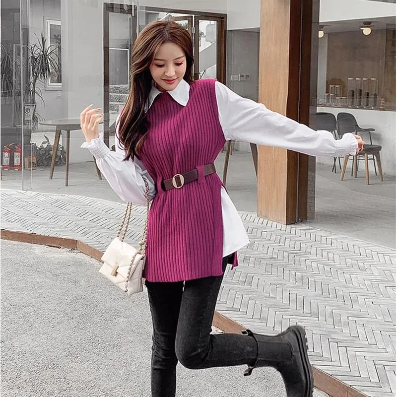 Long lantern sleeve shirt women knitted vest two piece set womens Shirts sets Sleeveless Sweater tops