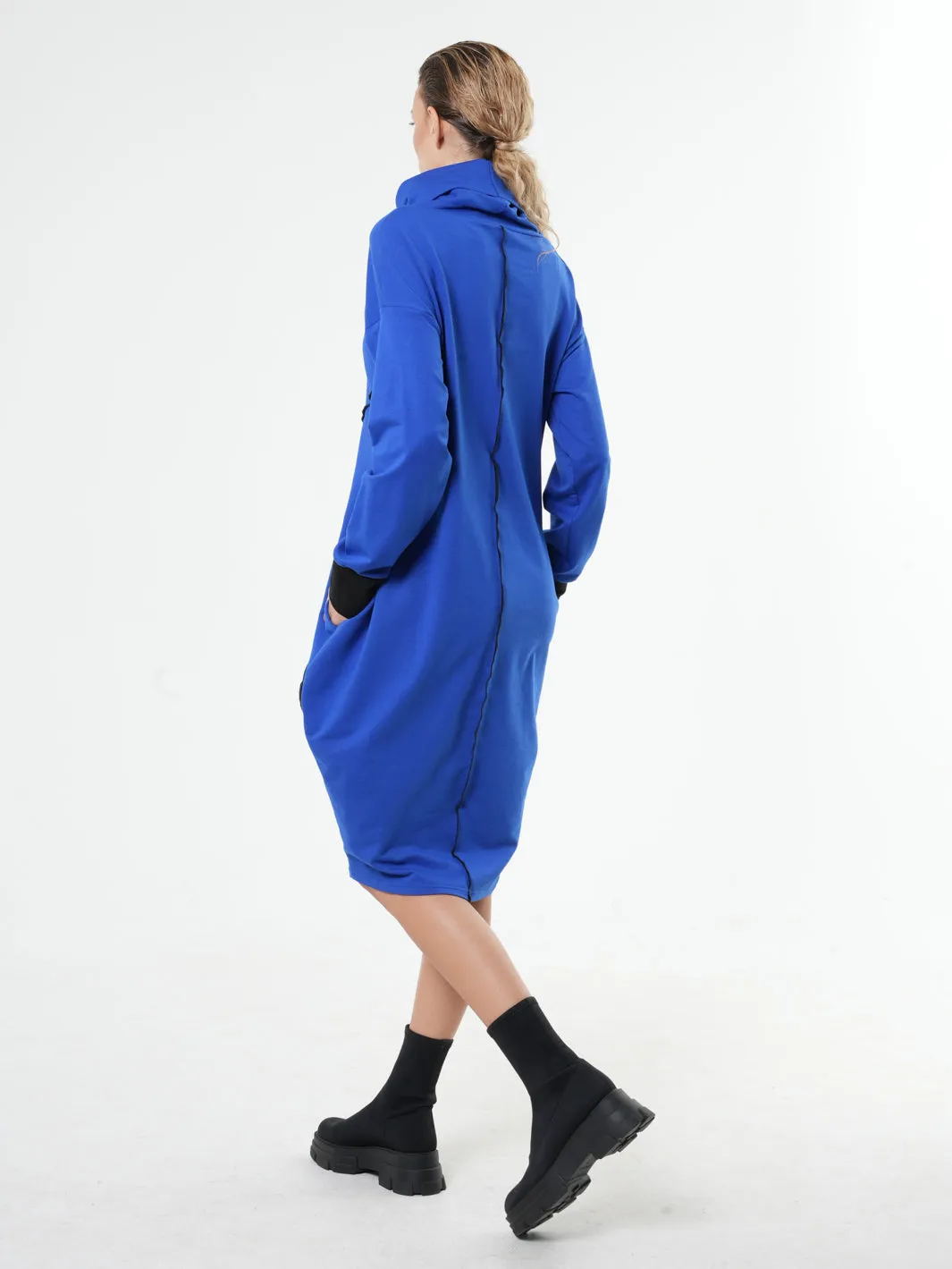 Long Sleeve Cotton Dress With Turtleneck in Blue