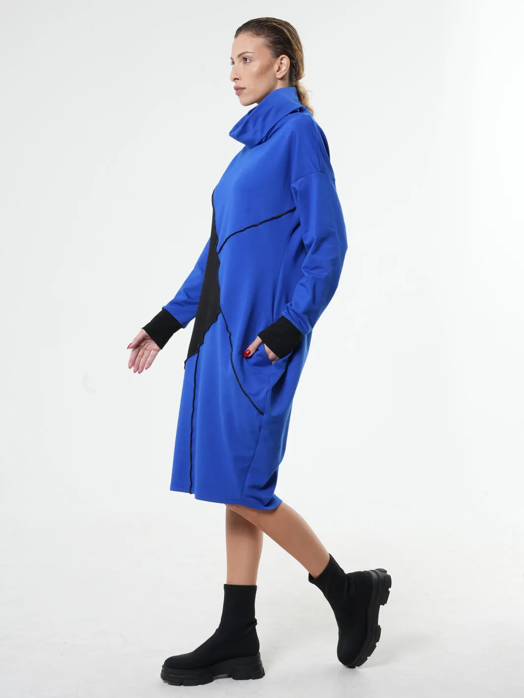 Long Sleeve Cotton Dress With Turtleneck in Blue