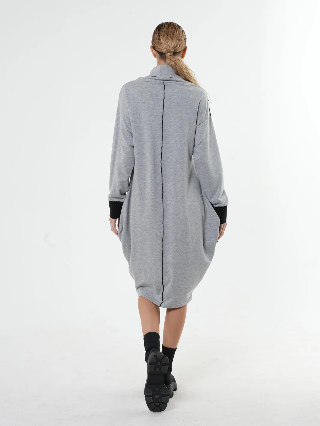 Long Sleeve Cotton Dress With Turtleneck In Gray