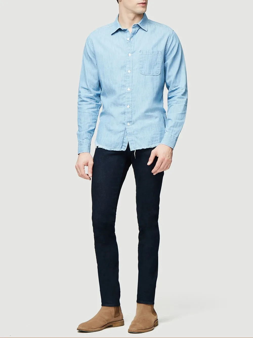 Long Sleeve Single Pocket Fray Hem -- Indigo