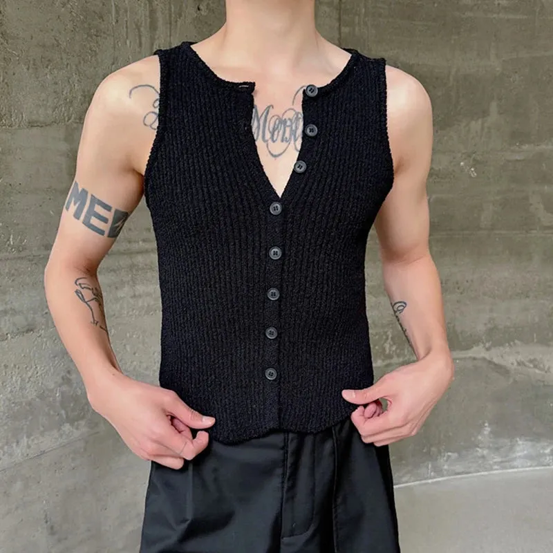 Male Tank Top 2024 Summer New Slim Fit Elastic Knitted Retro Chic Solid Color Single Breasted Sleeveless Sezy Vest 9C5785