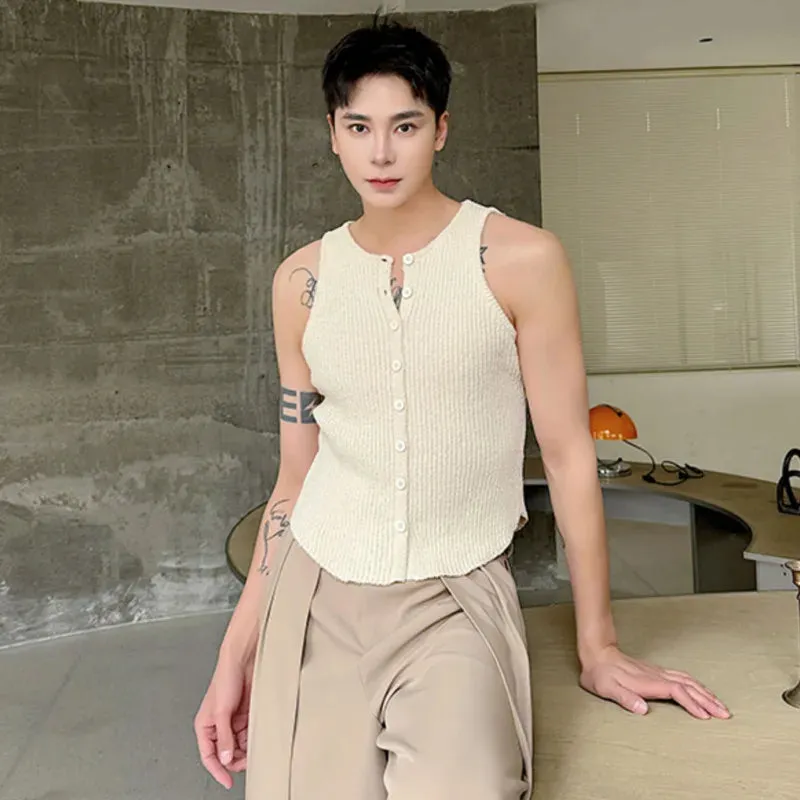 Male Tank Top 2024 Summer New Slim Fit Elastic Knitted Retro Chic Solid Color Single Breasted Sleeveless Sezy Vest 9C5785