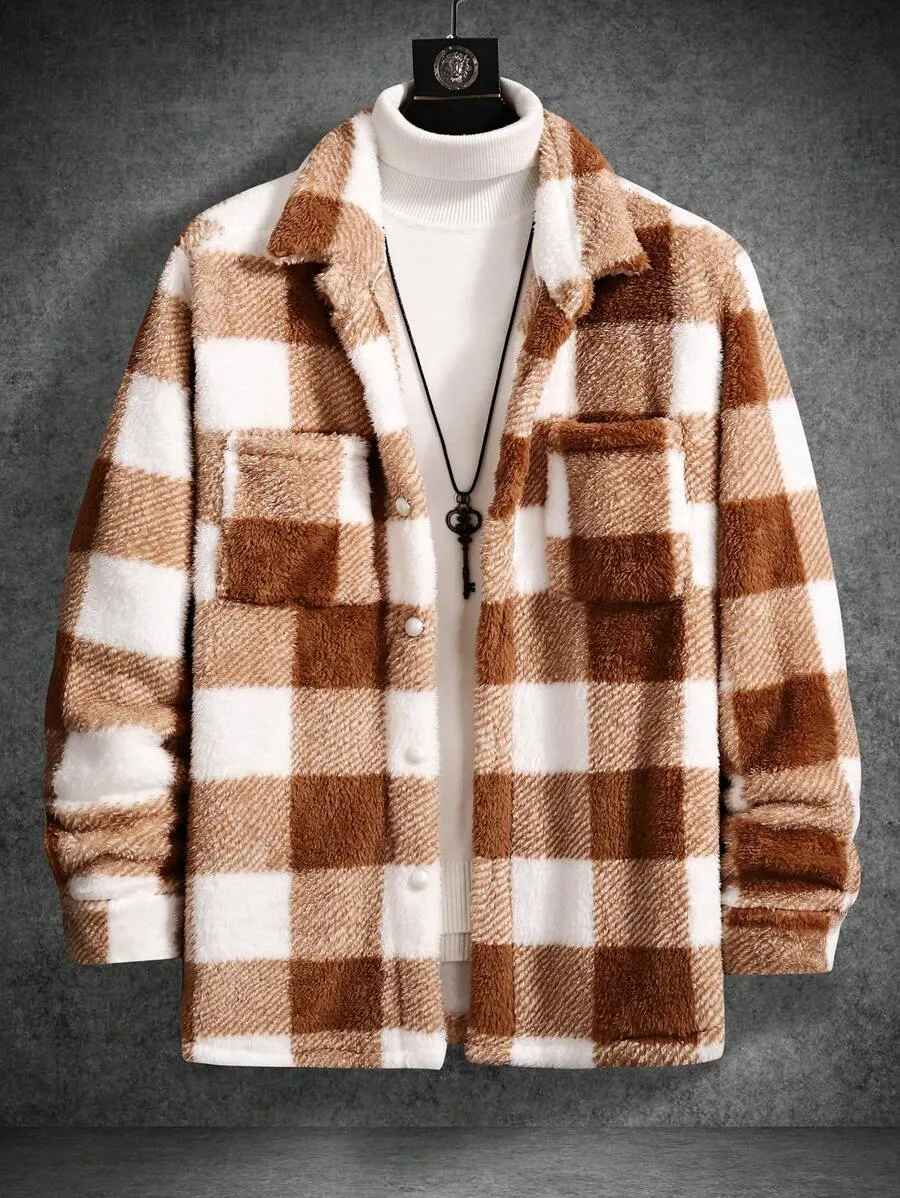 Men Buffalo Plaid Print Pocket Patched Teddy Shacket