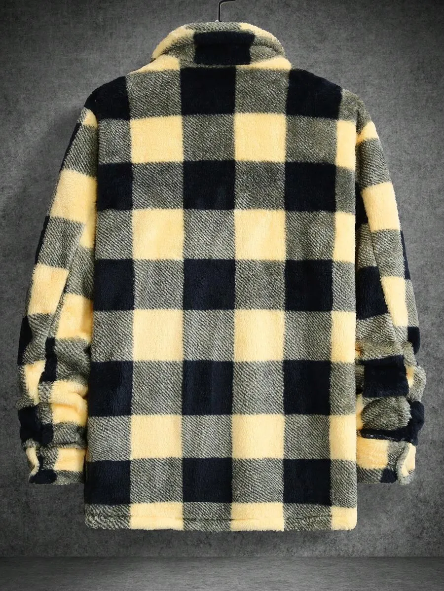 Men Buffalo Plaid Print Pocket Patched Teddy Shacket