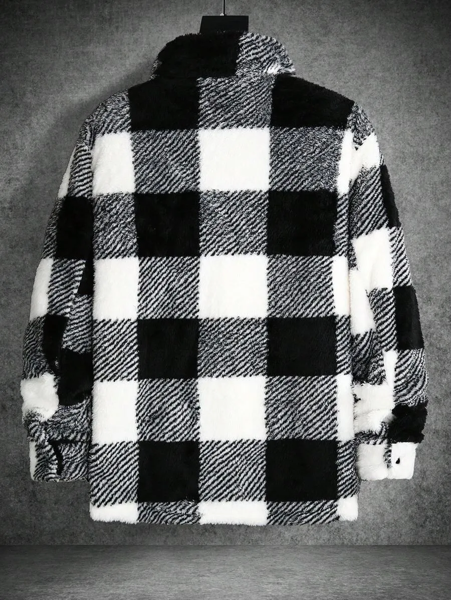 Men Buffalo Plaid Print Pocket Patched Teddy Shacket