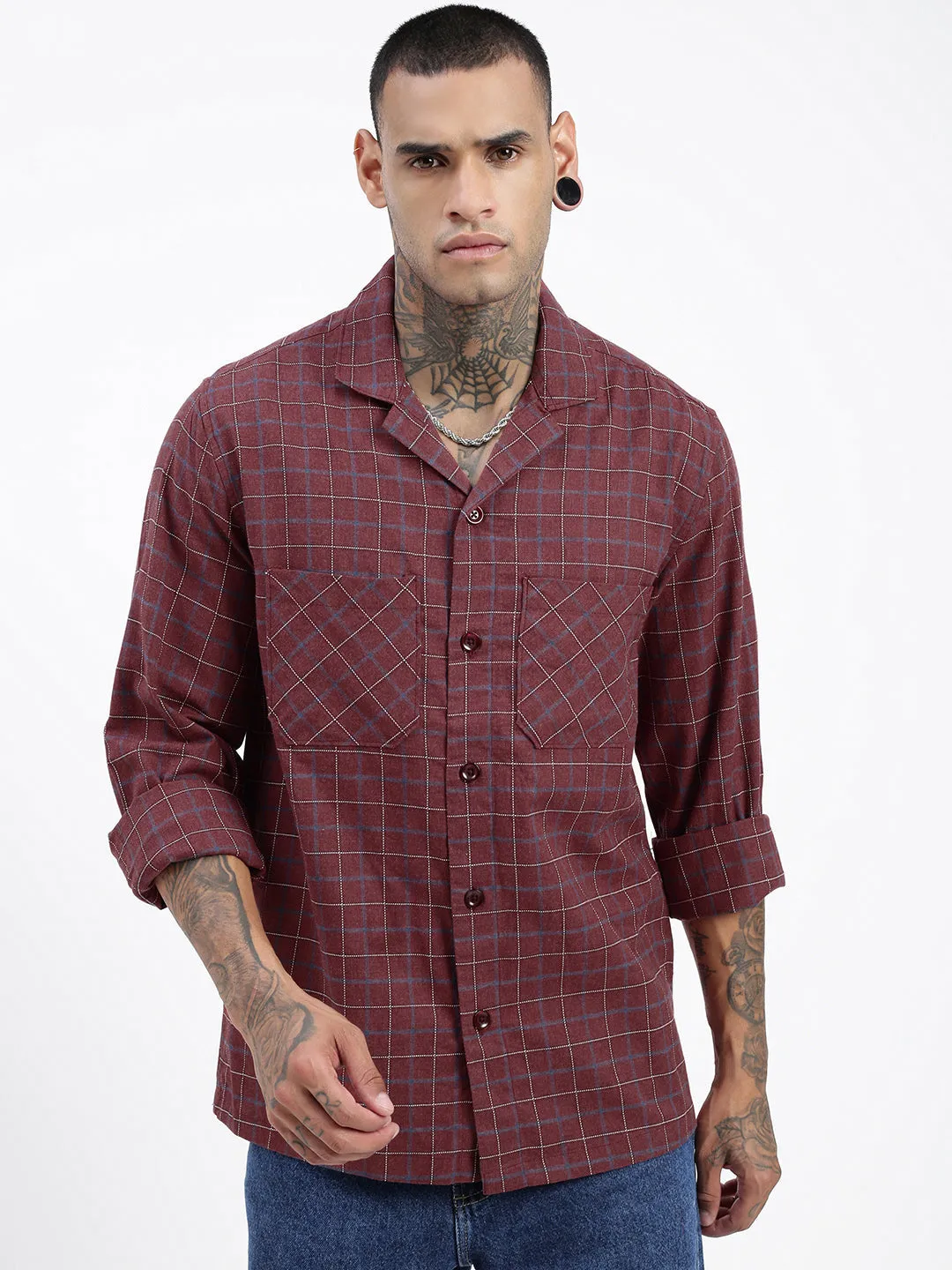 Men Checked Maroon Shacket