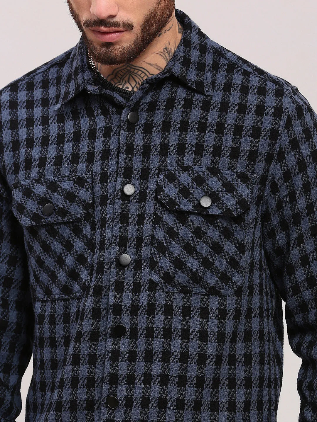 Men Navy Blue Checked Shacket