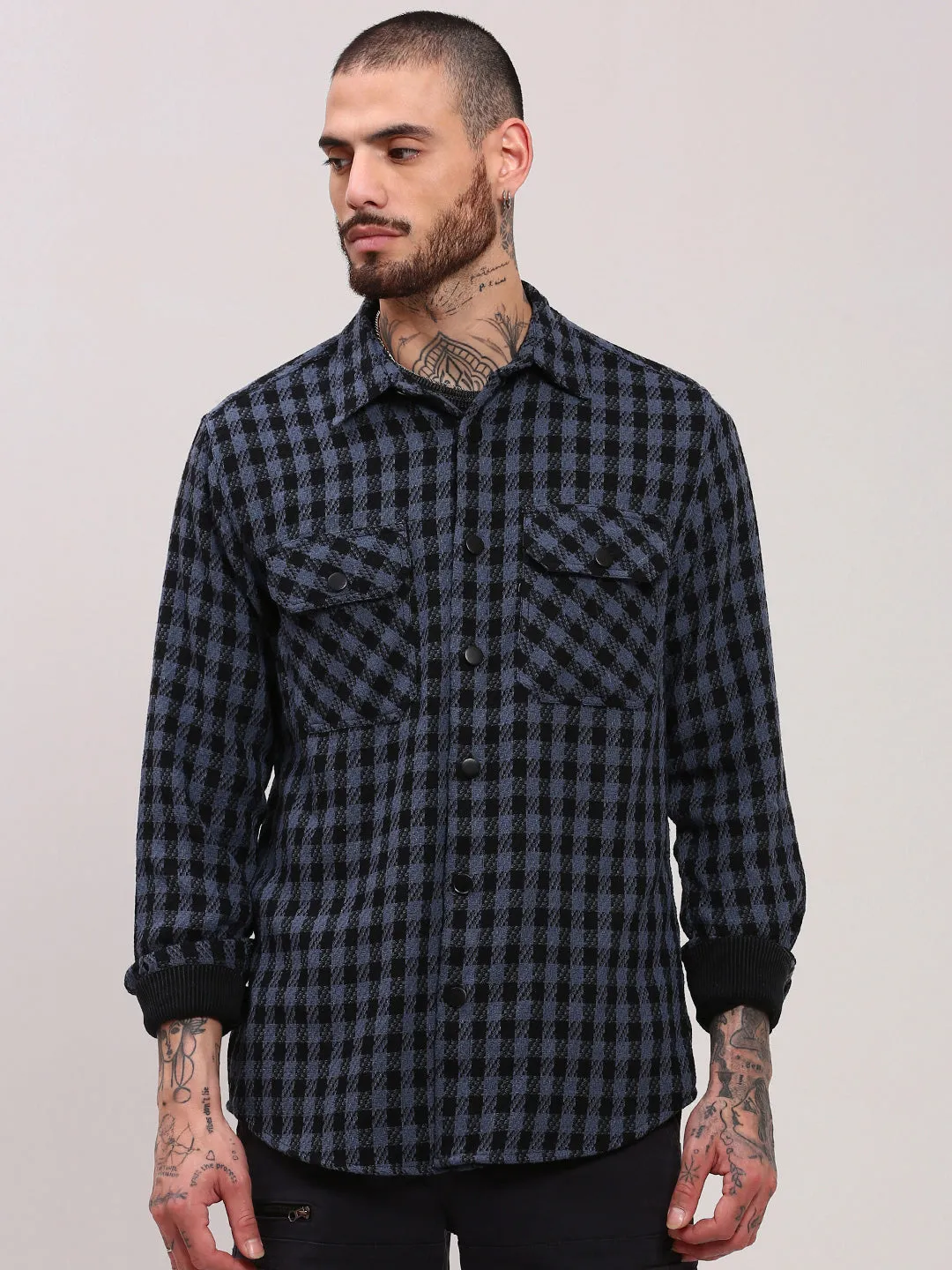 Men Navy Blue Checked Shacket