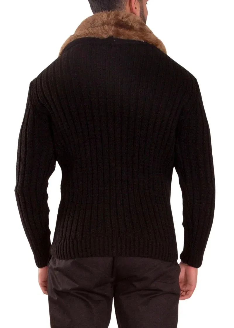 Men's Black Zip-Up Sweater with Fur Collar Zipper Pockets