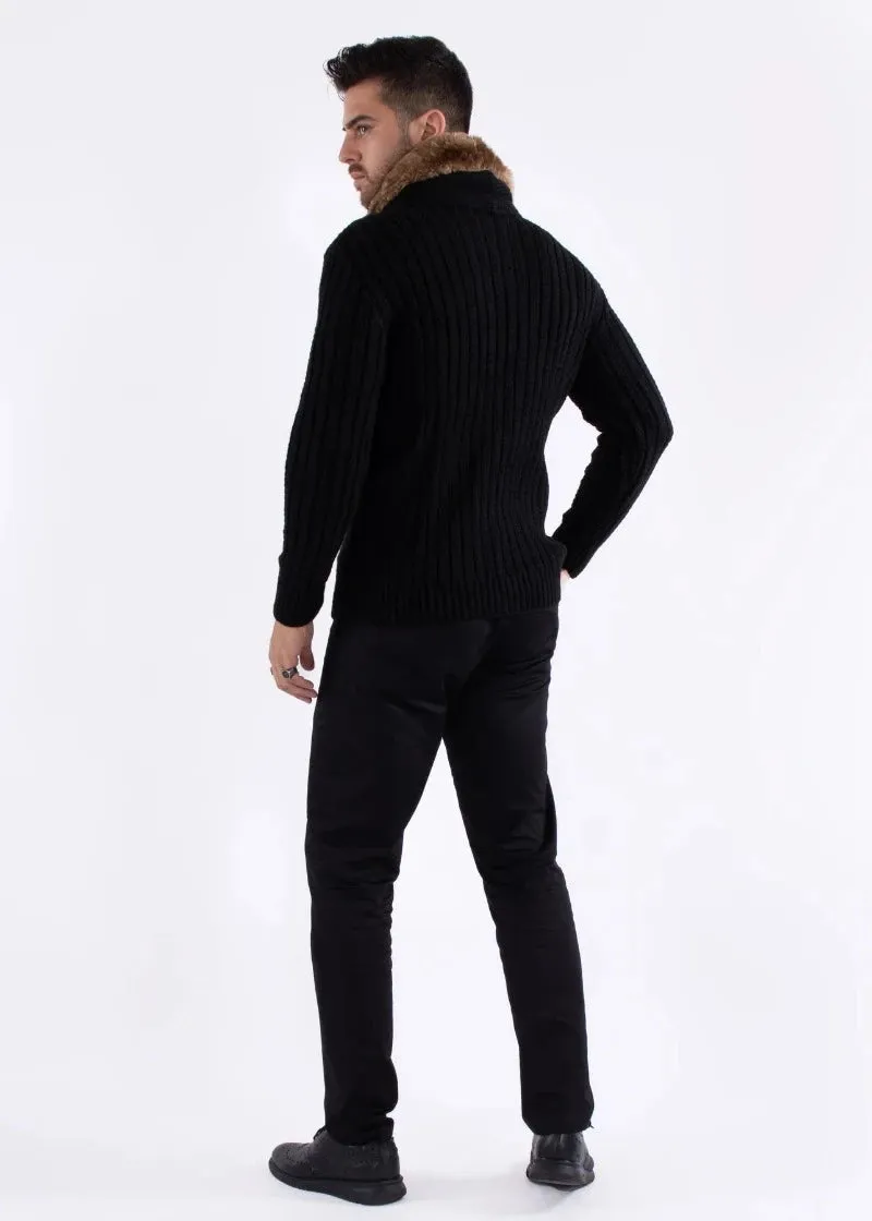 Men's Black Zip-Up Sweater with Fur Collar Zipper Pockets