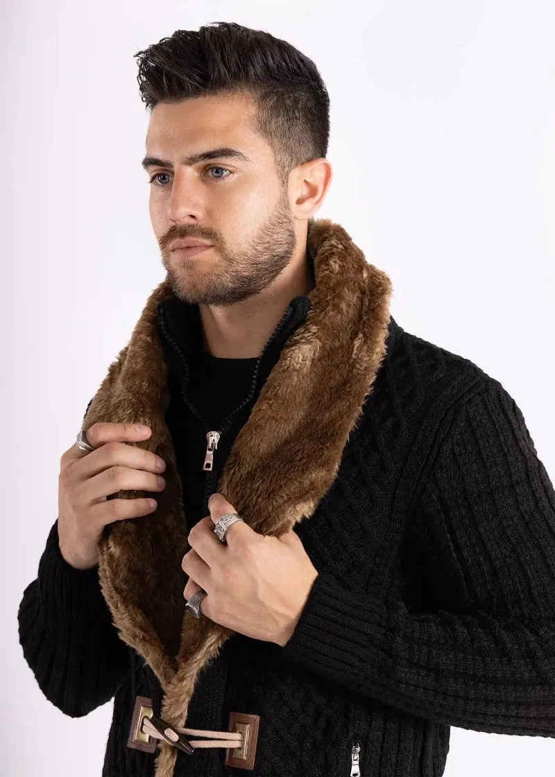 Men's Black Zip-Up Sweater with Fur Collar Zipper Pockets