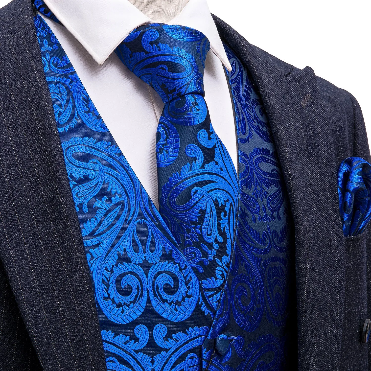 Men's  Blue Paisley Silk Men's Vest Hanky Cufflinks Tie Set