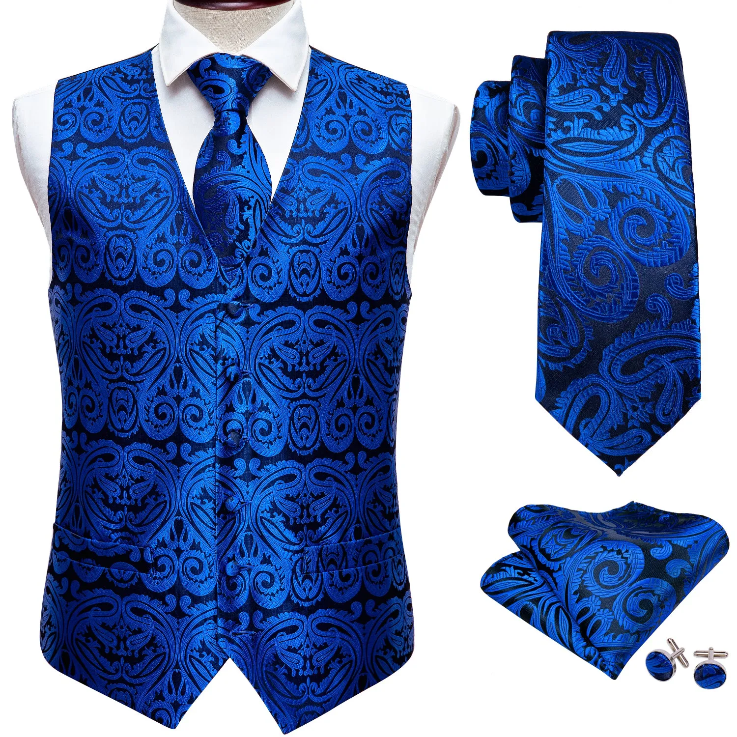 Men's  Blue Paisley Silk Men's Vest Hanky Cufflinks Tie Set