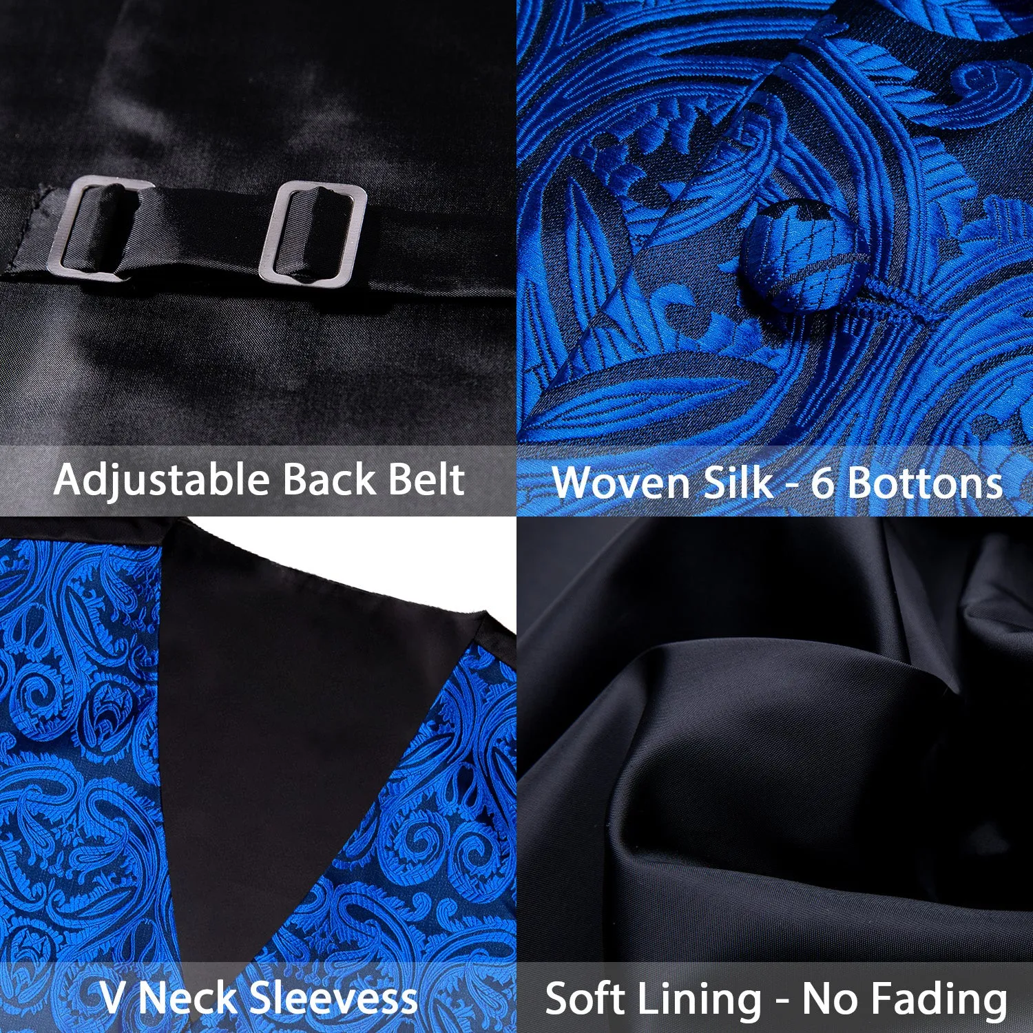 Men's  Blue Paisley Silk Men's Vest Hanky Cufflinks Tie Set