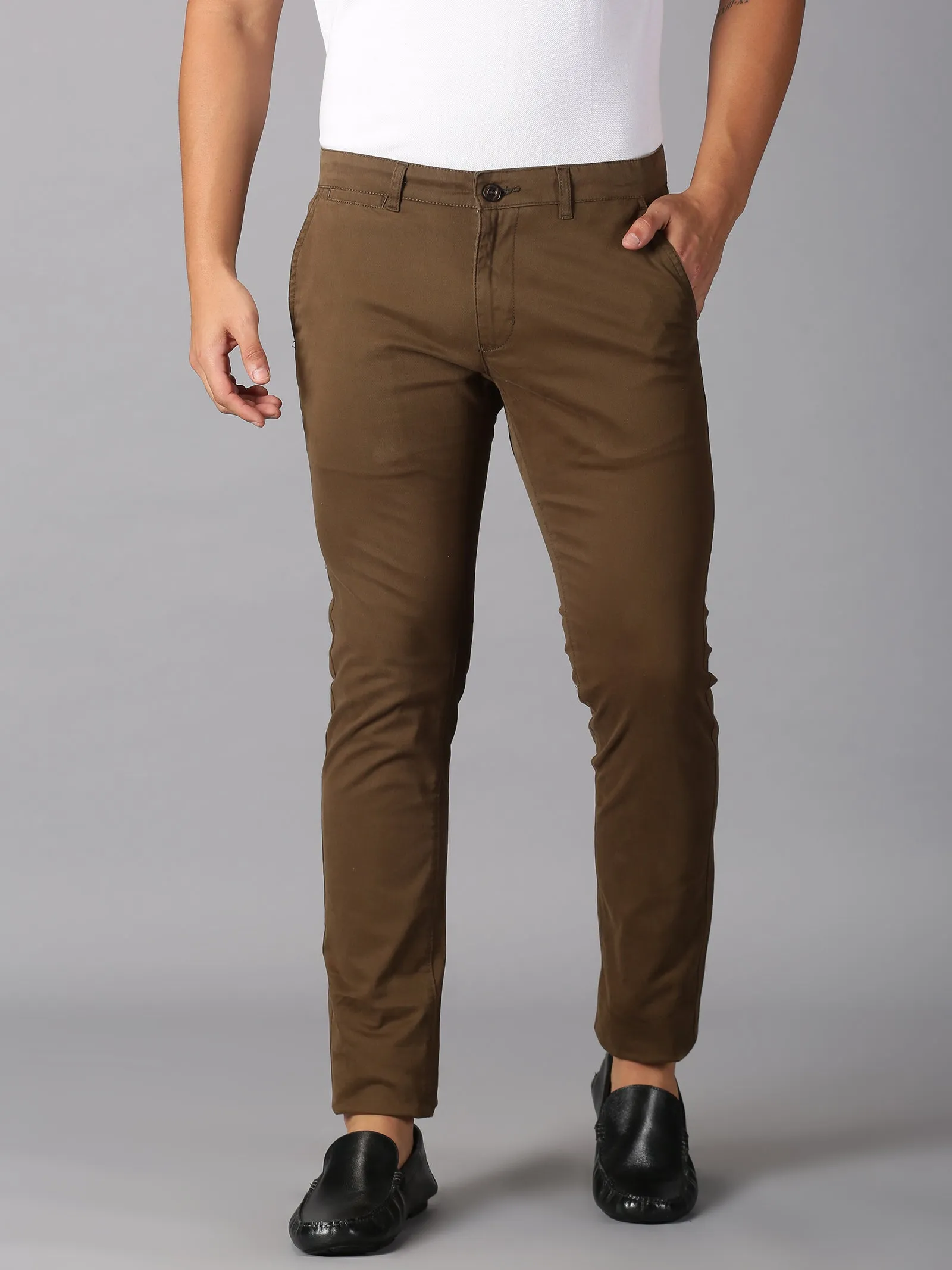 MEN'S BROWN SOLID SLIM FIT TROUSER