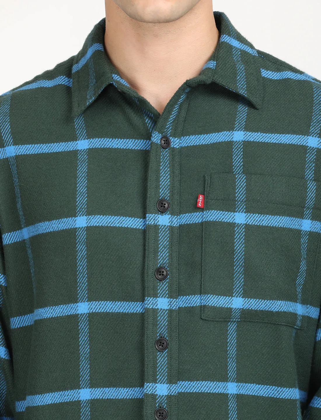 Men's Checkered Dark Green Spread Collar Shacket