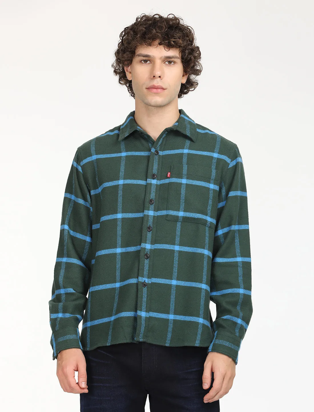 Men's Checkered Dark Green Spread Collar Shacket