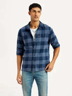 Men's Checkered Navy Spread Collar Shacket