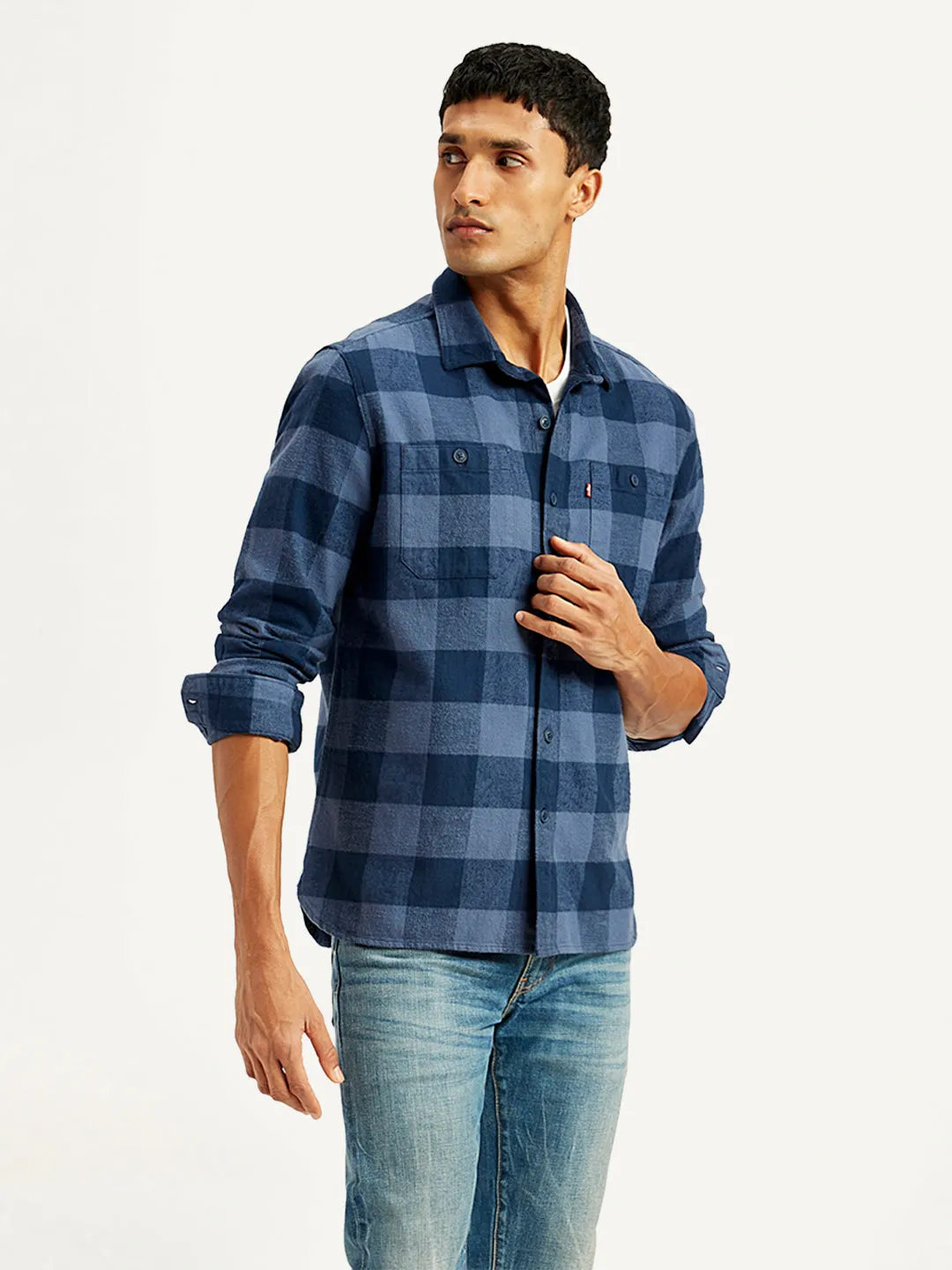 Men's Checkered Navy Spread Collar Shacket