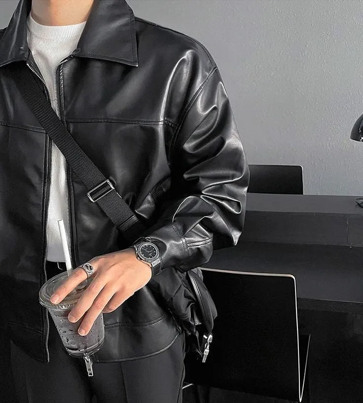 Men's Classic Korean Y2K fashion Zip Collar Black Vegan Leather Jacket